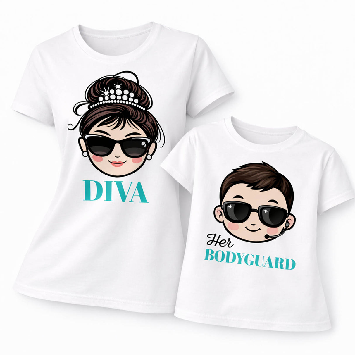 Magliette coordinate mamma e figlio bianche con stampa DIVA e Her BODYGUARD