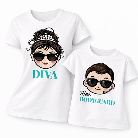 Magliette coordinate mamma e figlio bianche con stampa DIVA e Her BODYGUARD