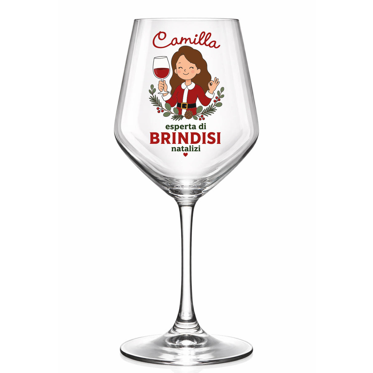 Calice da vino in vetro trasparente, stampa “Camilla” con illustrazione e scritta “brindisi”