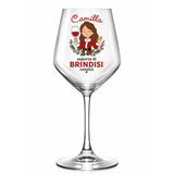 Calice da vino in vetro trasparente, stampa “Camilla” con illustrazione e scritta “brindisi”