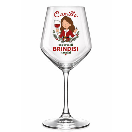 Calice da vino in vetro trasparente, stampa “Camilla” con illustrazione e scritta “brindisi”