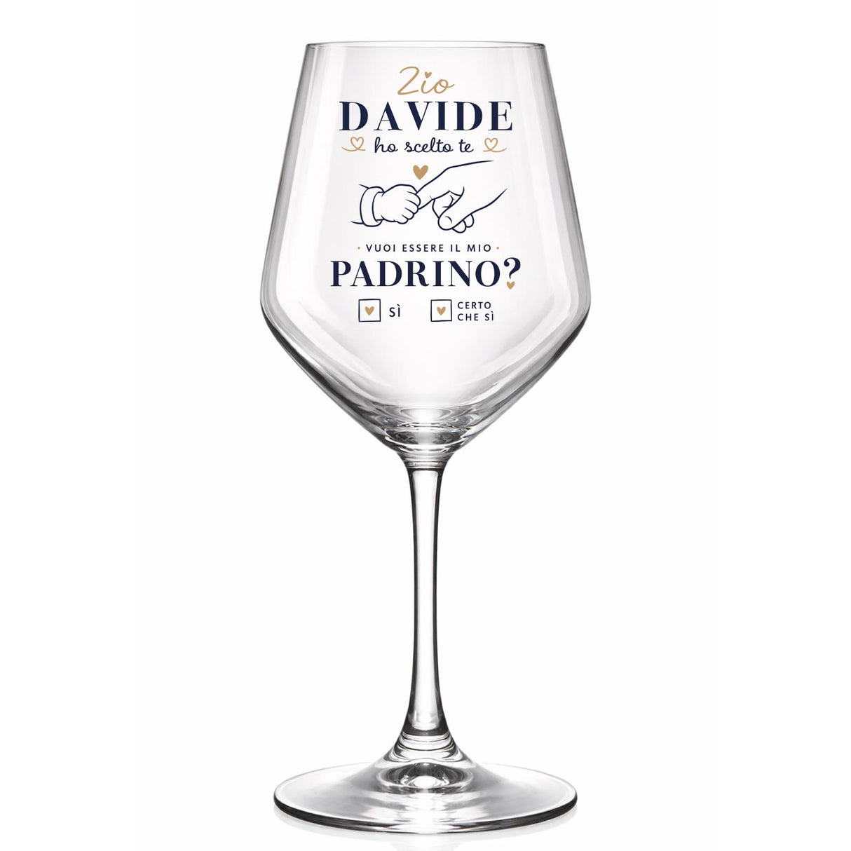 Calice di vetro personalizzato con testo “Vuoi essere il mio Padrino?”