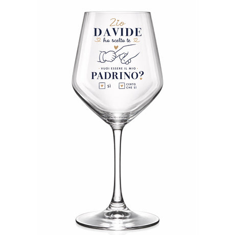 Calice di vetro personalizzato con testo “Vuoi essere il mio Padrino?”