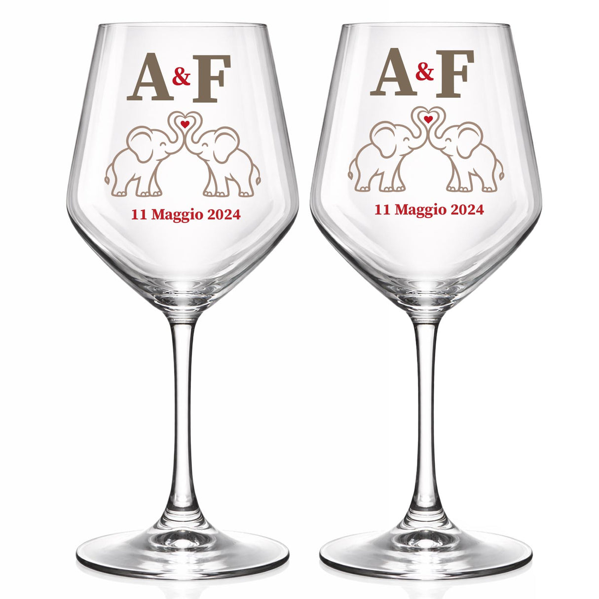 Coppia di calici da vino con incisione A&F e data 11 Maggio 2024, elefantini cuore