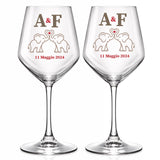 Coppia di calici da vino con incisione A&F e data 11 Maggio 2024, elefantini cuore