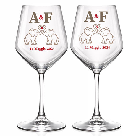 Coppia di calici da vino con incisione A&F e data 11 Maggio 2024, elefantini cuore