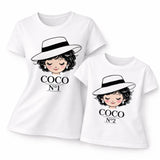 Set di 2 magliette bianche coordinate con stampa COCO N°1 e COCO N°2, cappello