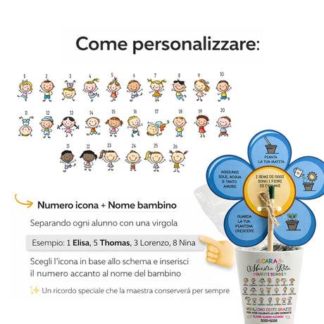 Vaso piantabile con matita: guida personalizzazione con icone e spazio nome bambino