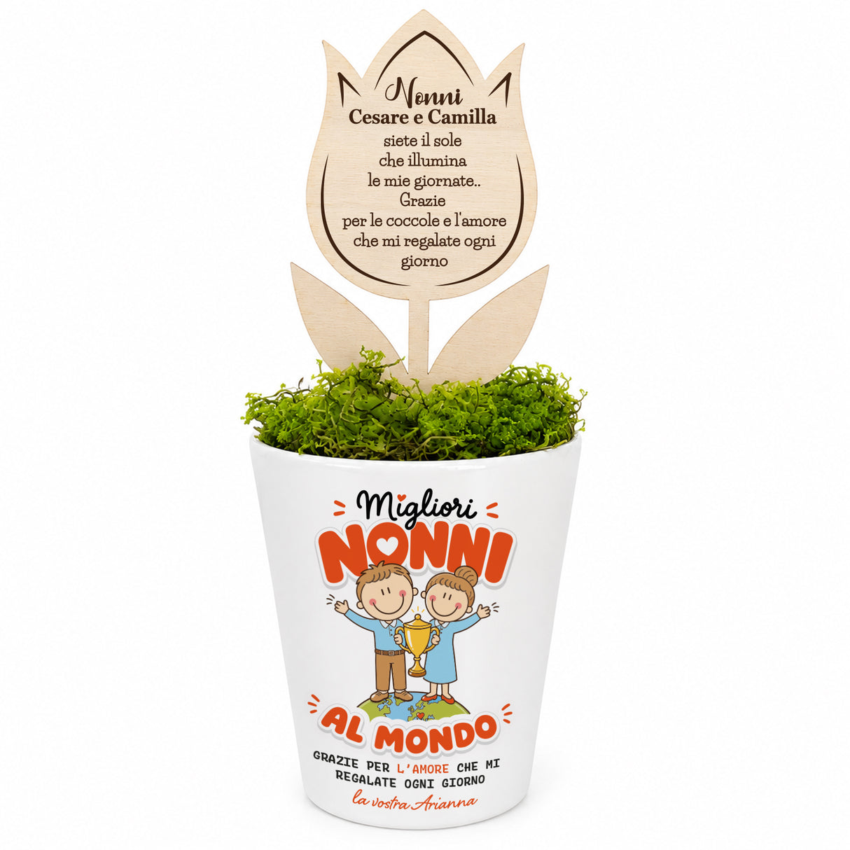 Vaso conico bianco con muschio verde e fiore in legno con dedica Nonni Cesare e Camilla