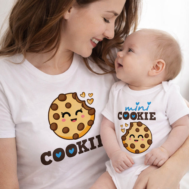 Set t-shirt bianche mamma e bimbo: cookie grande e mini COOKIE con cuoricini
