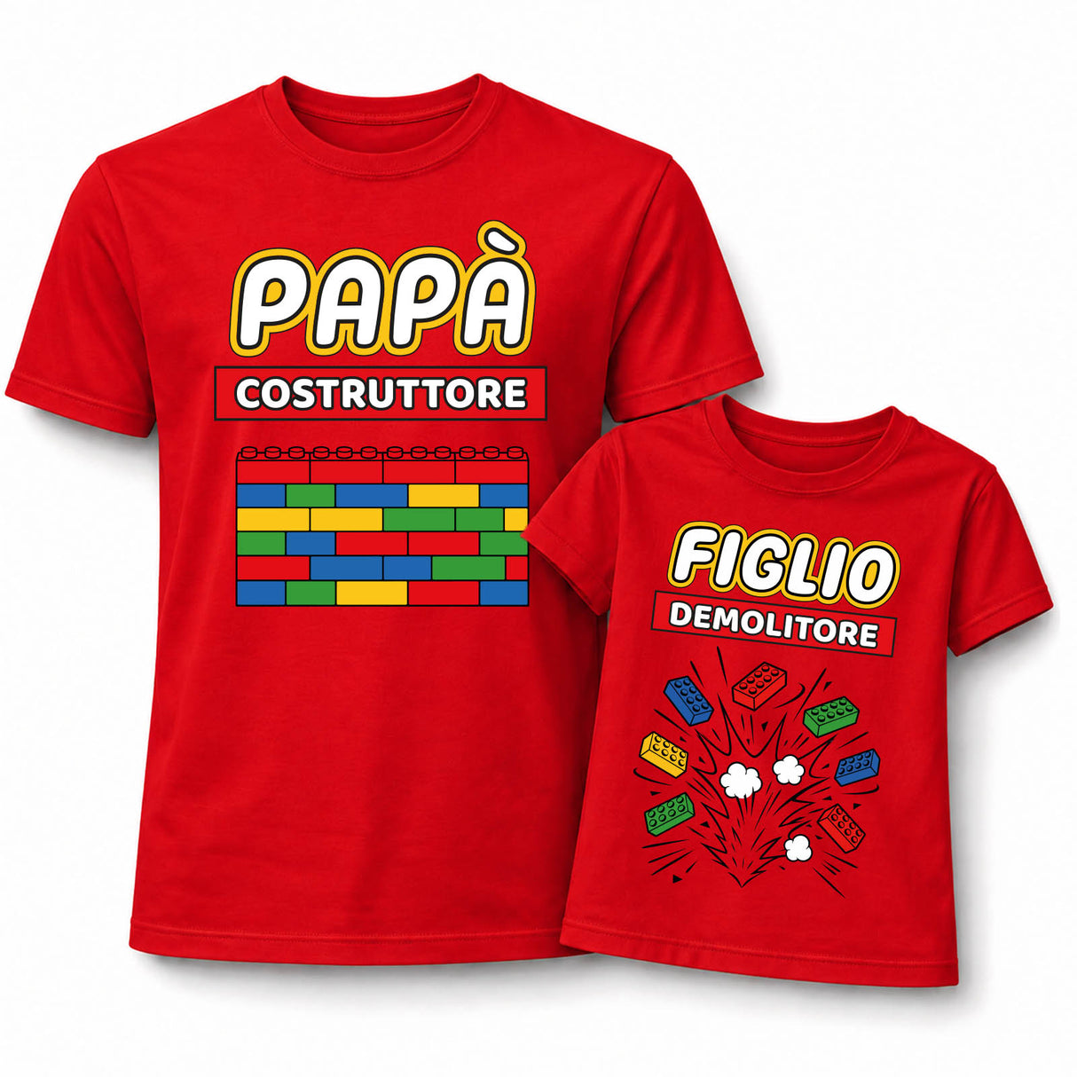 Coppia di t-shirt rosse Papà e Figlio con scritte "PAPÀ" "COSTRUTTORE" e "FIGLIO" "DEMOLITORE"