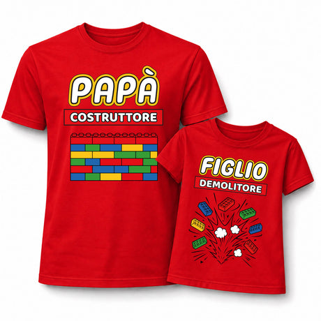 Coppia di t-shirt rosse Papà e Figlio con scritte "PAPÀ" "COSTRUTTORE" e "FIGLIO" "DEMOLITORE"