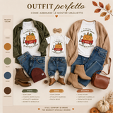 Set di magliette coordinate Pumpkin Patch: Papà verde, Mamma e Bimbo bianche, maniche corte