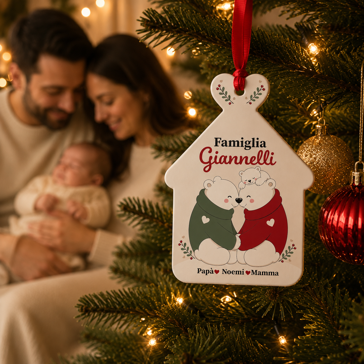 Decorazione natalizia in plexiglass a casetta appesa, scritta Famiglia Giannelli
