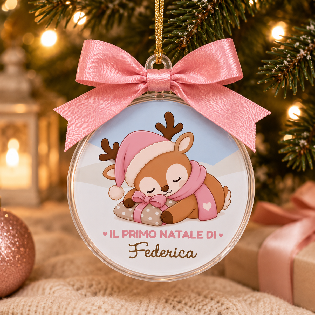 Pallina natalizia sferica trasparente con fiocco rosa e stampa “IL PRIMO NATALE DI” Federica