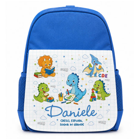 Zainetto asilo blu con stampa dino e nome Daniele, tasca frontale e spalline
