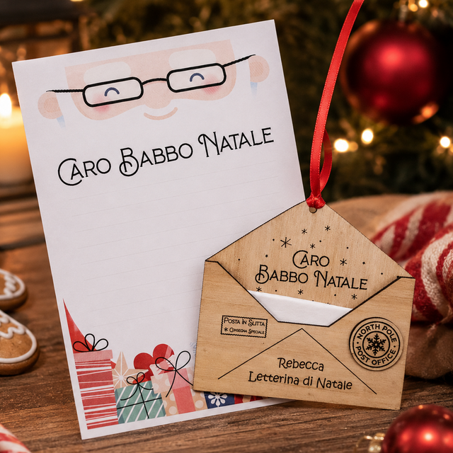 Lettera natalizia con busta in legno e nastrino rosso, per Babbo Natale
