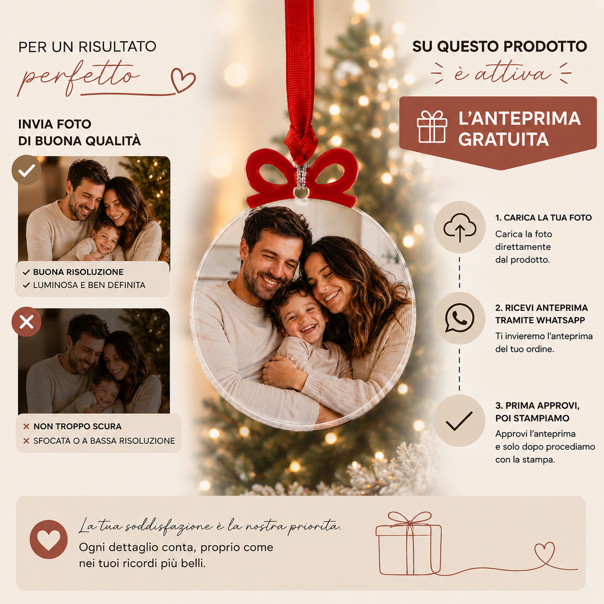 Decorazione natalizia rotonda con foto di famiglia, fiocco rosso e cordoncino