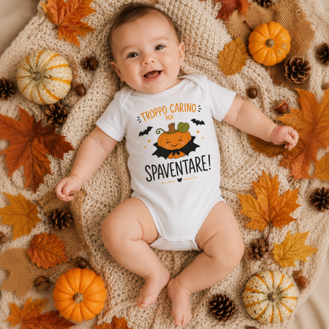 Body neonato bianco con stampa zucca e pipistrelli e scritta “Troppo carina per spaventare!”