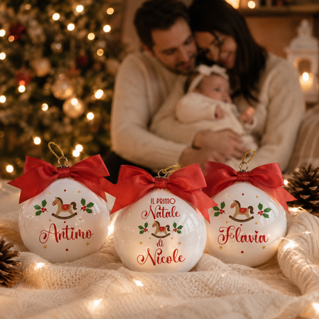 Set di 3 palline di Natale in vetro con fiocchi rossi e scritte Antino Flavia Nicole