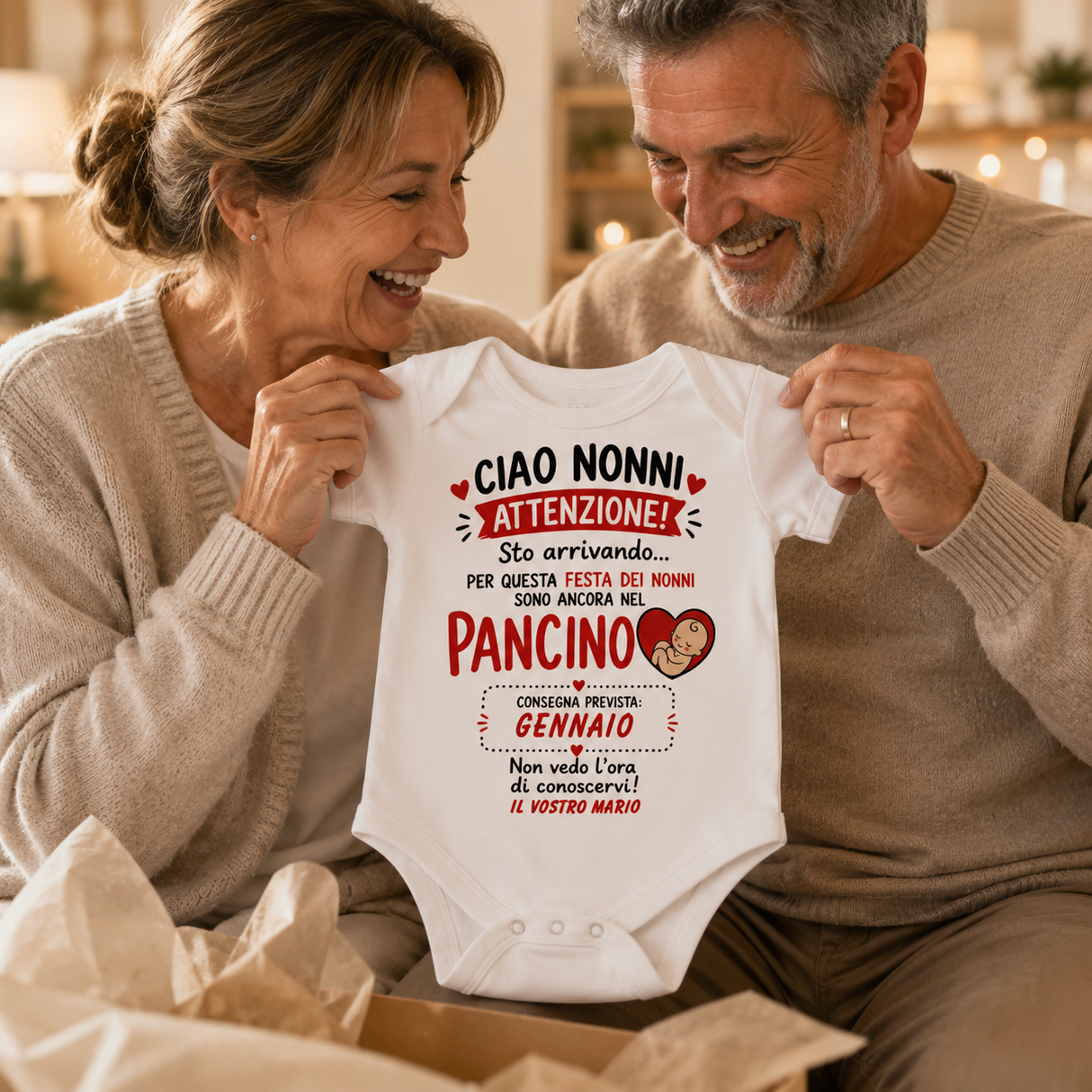 Body neonato bianco con scritte “CIAO NONNI” “ATTENZIONE!” e “PANCINO”