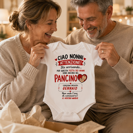 Body neonato bianco con scritte “CIAO NONNI” “ATTENZIONE!” e “PANCINO”