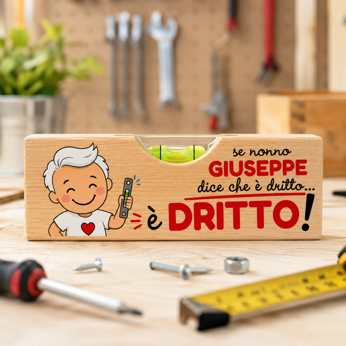 Livella in legno personalizzata con scritta “è Dritto!” e nome Giuseppe, bolla verde