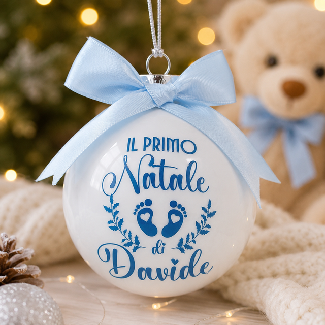 Pallina di Natale in vetro bianca con fiocco azzurro e nome "Davide"