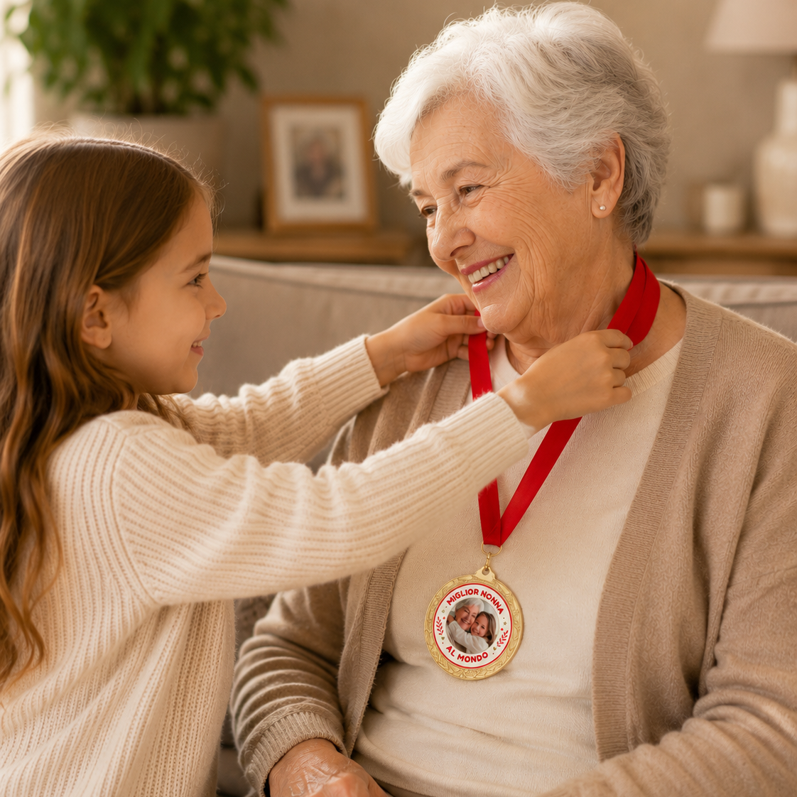 Medaglia rotonda con nastro rosso indossata da nonna, dettaglio con foto