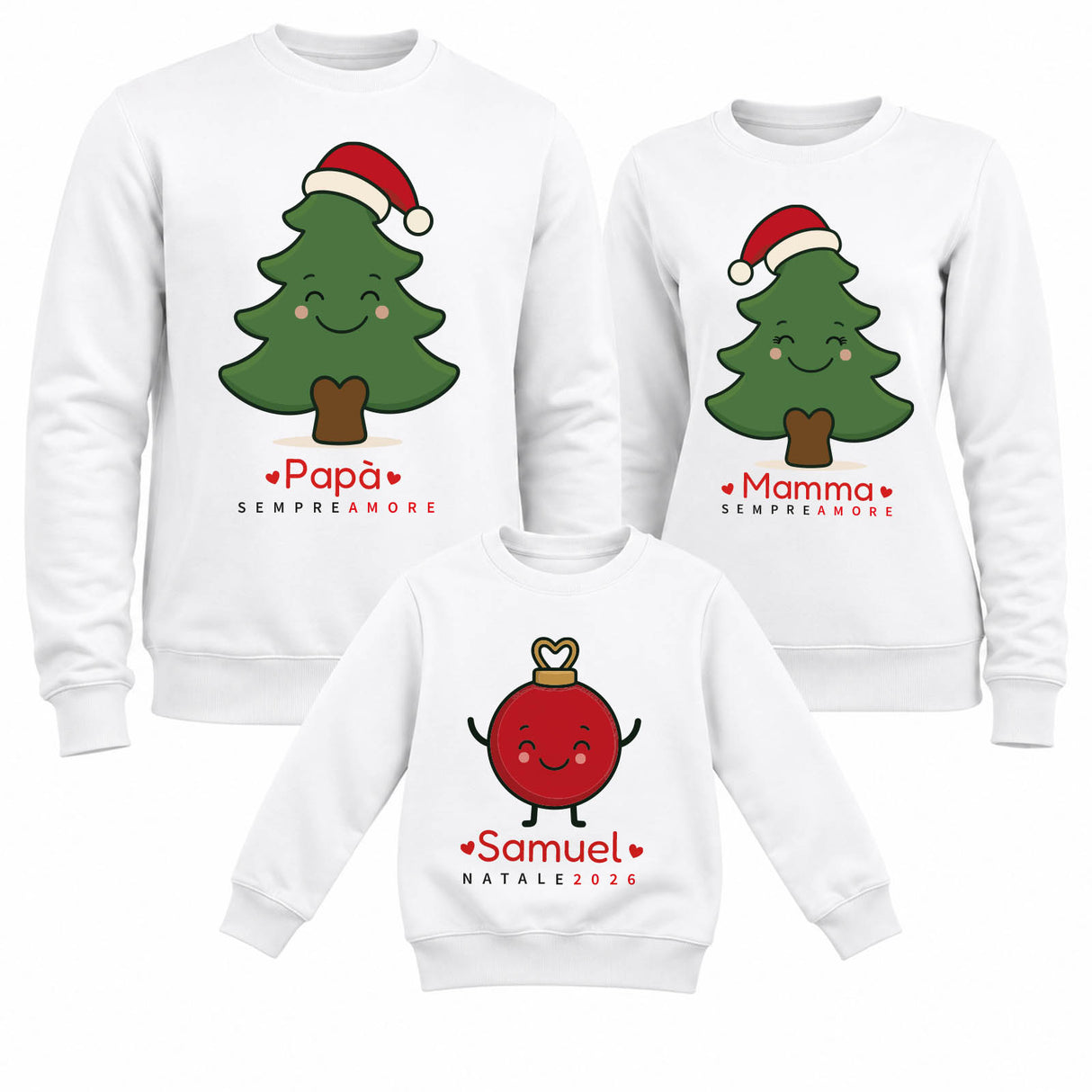Set 3 felpe natalizie bianche con albero e cappello rosso; felpa bambino con nome.