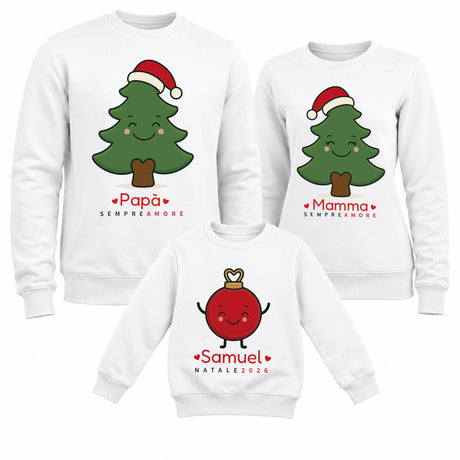 Set 3 felpe natalizie bianche con albero e cappello rosso; felpa bambino con nome.