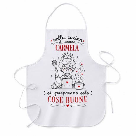 Grembiule bianco personalizzato con stampa CARMELA e scritta “Cose Buone”