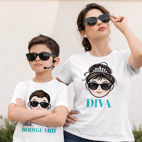 Magliette coordinate mamma e figlio bianche indossate con stampa DIVA e Her BODYGUARD