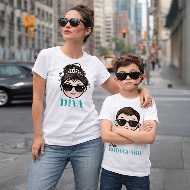Magliette coordinate mamma e figlio bianche, donna e bimbo con stampa DIVA e Her BODYGUARD