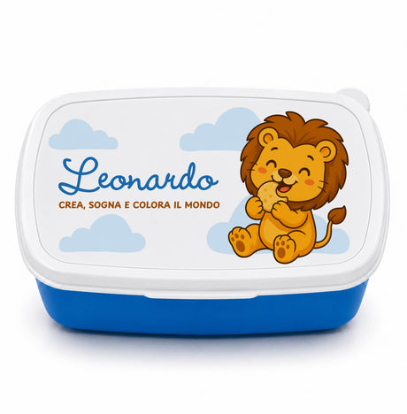 Scatola pranzo personalizzata blu con coperchio bianco e leoncino sognatore
