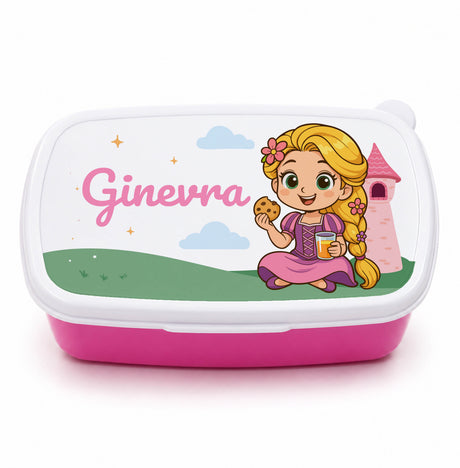 Porta merenda bimbi rosa e bianca con nome Ginevra e principessa seduta illustrazione
