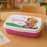 Porta merenda rosa e bianca con grafica della principessa Rapunzel e nome Ginevra