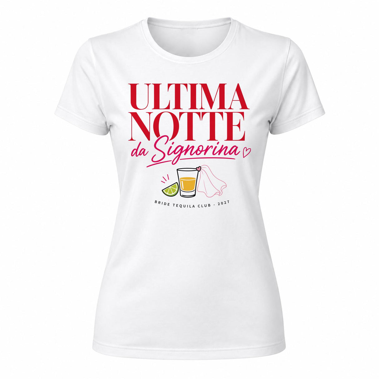 Maglietta bianca da donna con scollo rotondo e stampa frontale “ULTIMA NOTTE da Signorina”