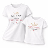 Set di due magliette bianche con corona e scritta NONNA DELLA PRINCIPESSA