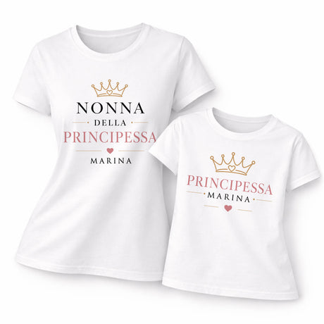 Set di due magliette bianche con corona e scritta NONNA DELLA PRINCIPESSA