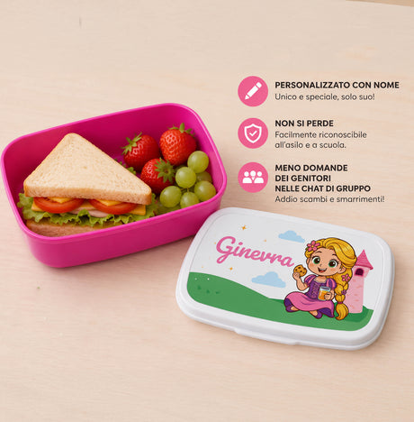 Porta merenda rosa con coperchio bianco e illustrazione di Rapunzel con nome Ginevra
