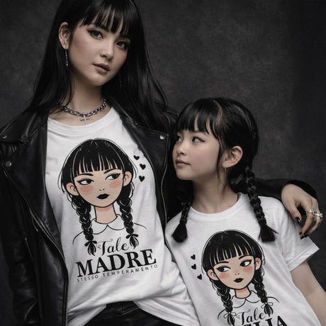 T-shirt bianche con stampa cartoon “Tale Madre” e “Tale Figlia” indossate