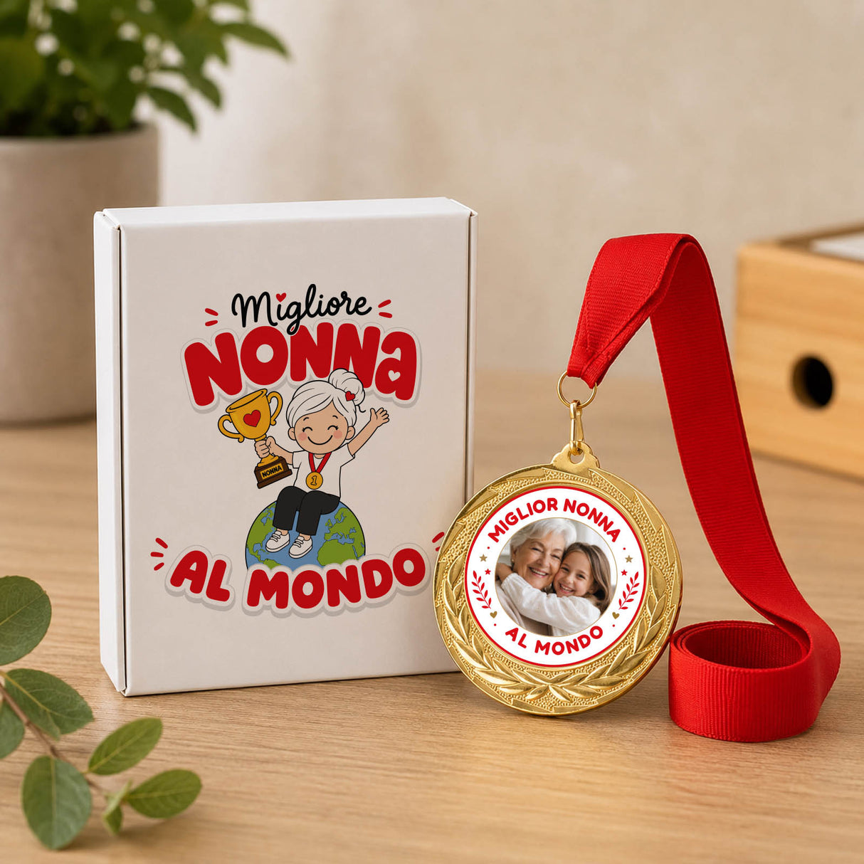 Medaglia rotonda personalizzata con nastro rosso e custodia regalo