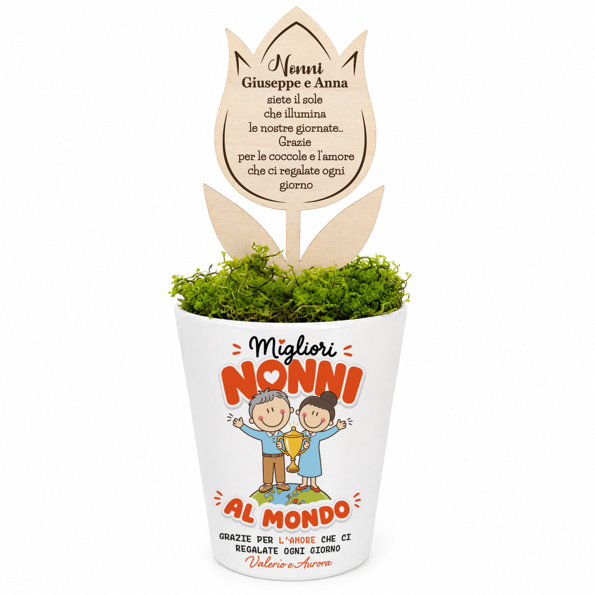 Vaso conico bianco con muschio verde e fiore in legno con dedica per Nonni