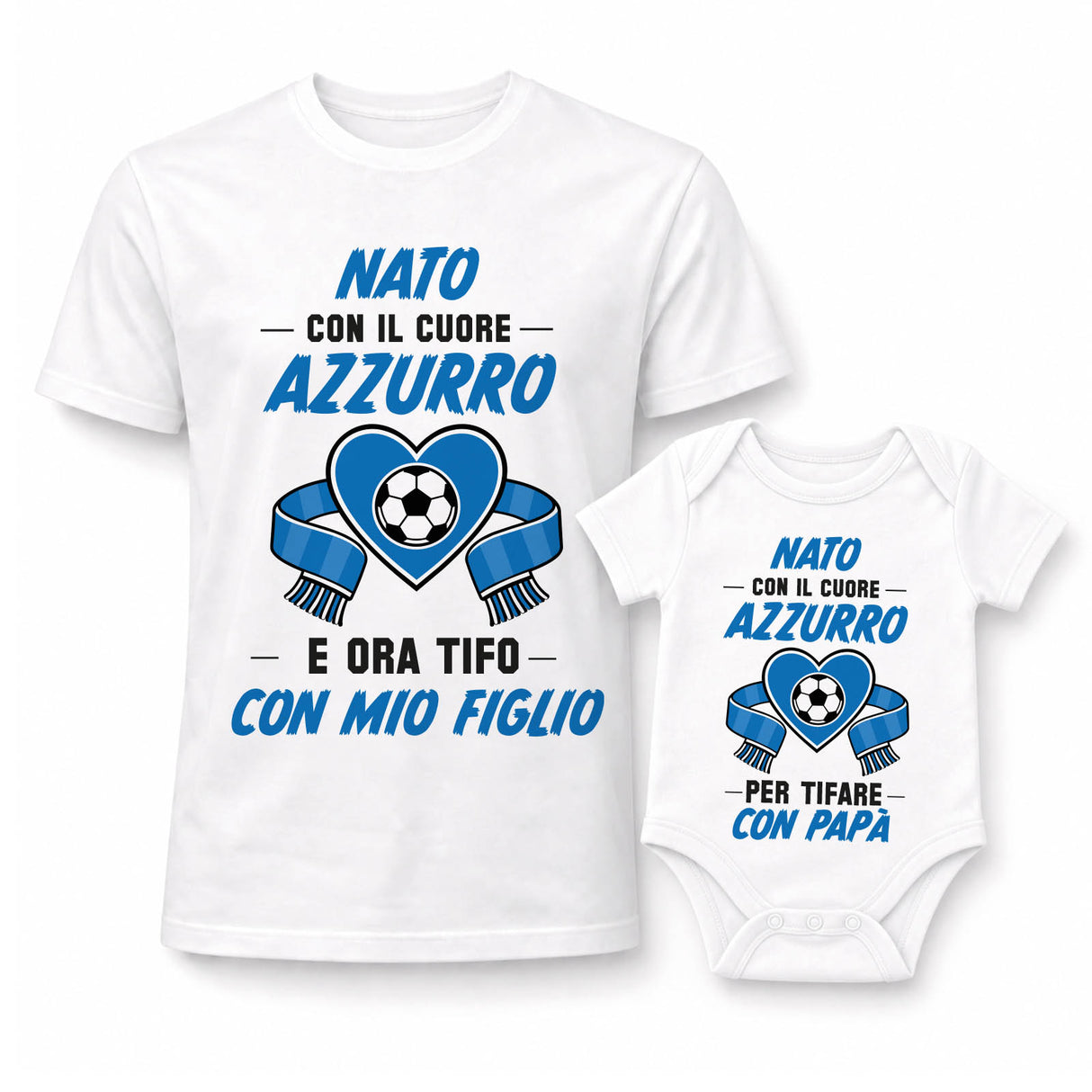 Set t-shirt e body bianchi con stampa calcio azzurra "Nato con il cuore" Azzurro