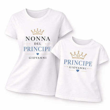 Set 2 t-shirt bianche: NONNA del PRINCIPE e PRINCIPE, con nome GIOVANNI