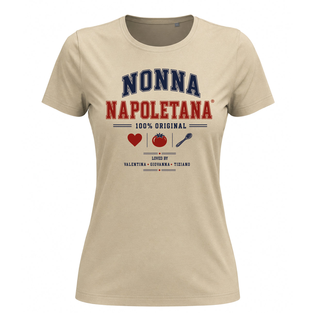 T-shirt beige NONNA NAPOLETANA con stampa colorata sul davanti, maniche corte