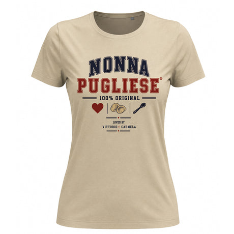 T-shirt beige NONNA PUGLIESE con stampa colorata e dettagli grafici frontali