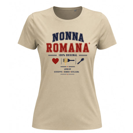 T-shirt beige NONNA ROMANA con stampa colorata, scritte e icone frontali