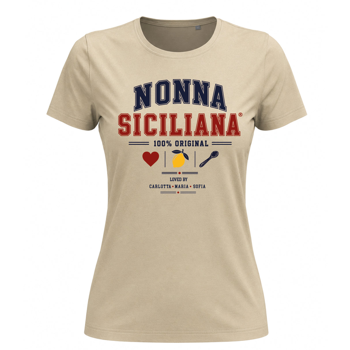 T-shirt beige con scritta NONNA SICILIANA e grafica colorata sul davanti